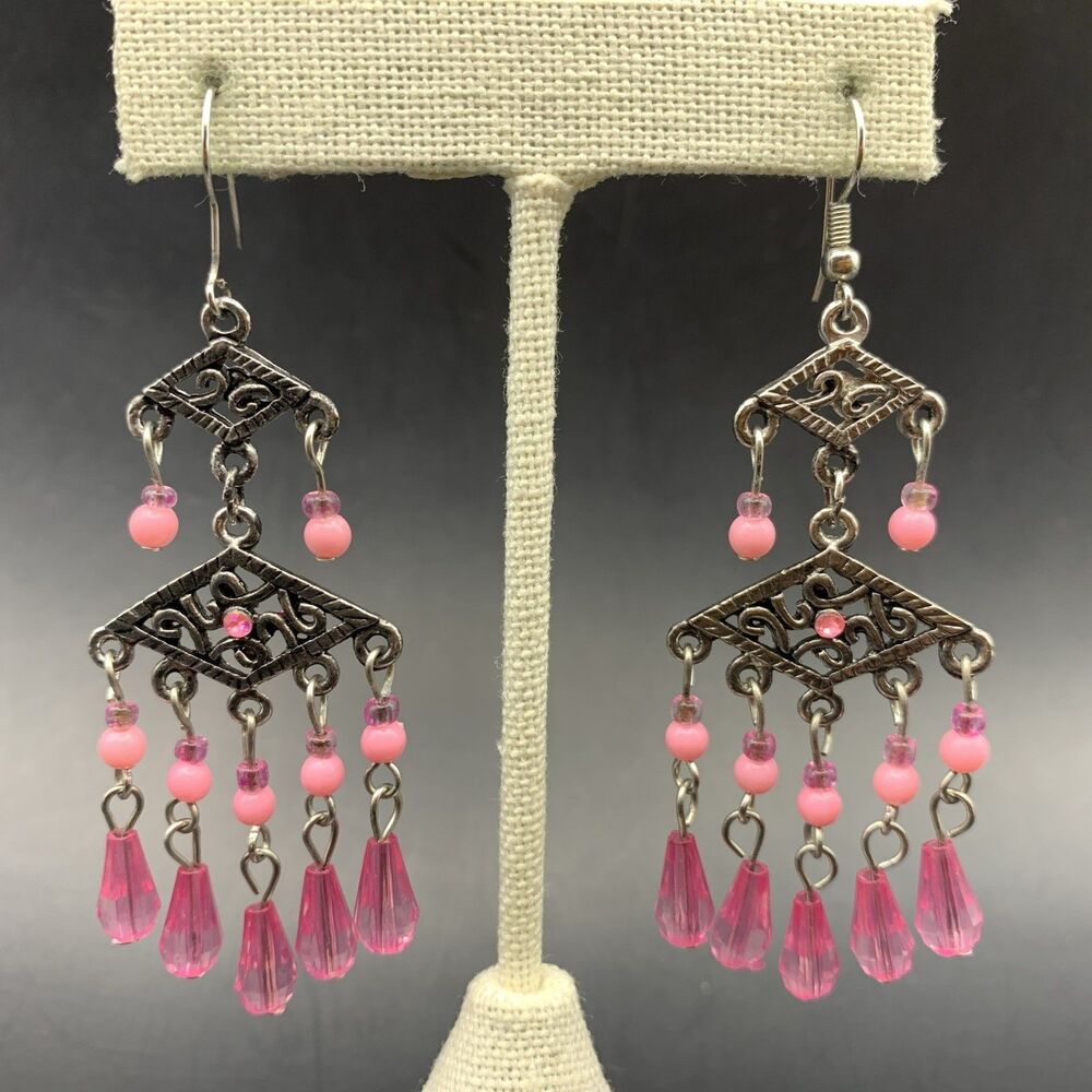 Pink Beaded Chandelier Hook Earrings Drop Dangle Silver Tone Fringe Pierced 3 In